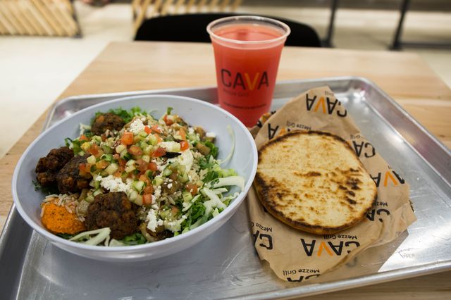 Falafel and Roasted Vegetable Greens and Grains Bowl ($9.87) with small Vanilla Bean Lemonade ($2.75)<br/>